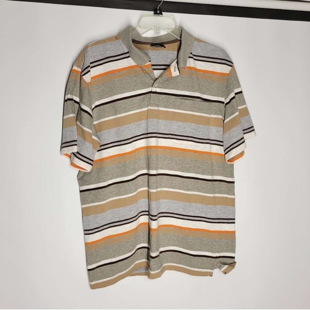 George Tan and Gray Striped Polo Shirt
